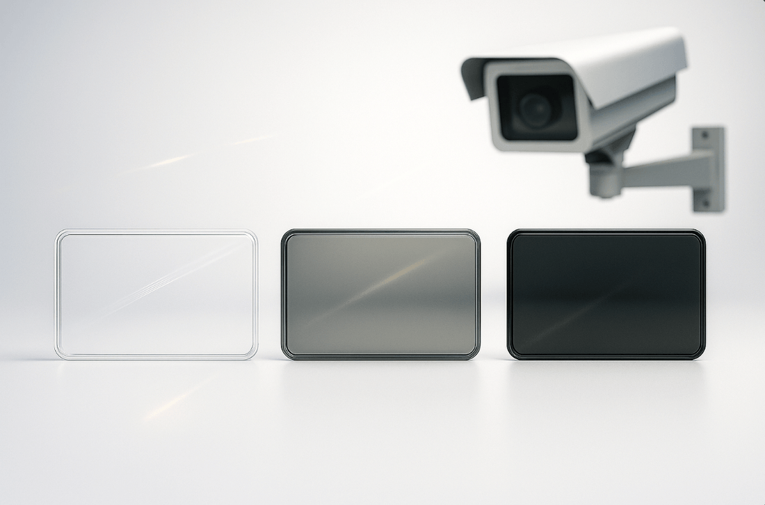 Three Camera Stopper license plate covers displayed side by side on a clean surface, showing clear, tinted, and dark smoke variants with anti-camera distortion technology.