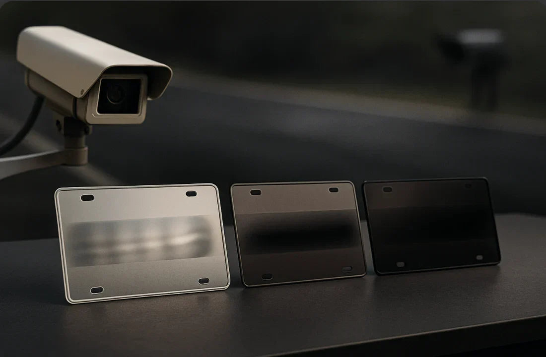 Three Camera Stopper license plate privacy anti-camera cover — Clear, Tint and Smoke— displayed underneath a violation issuing traffic camera failing to capture clear plate details due to lens distortion.webp