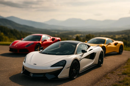 Three high-end sports cars parked in a scenic mountain overlook, with background blurred to highlight depth of field