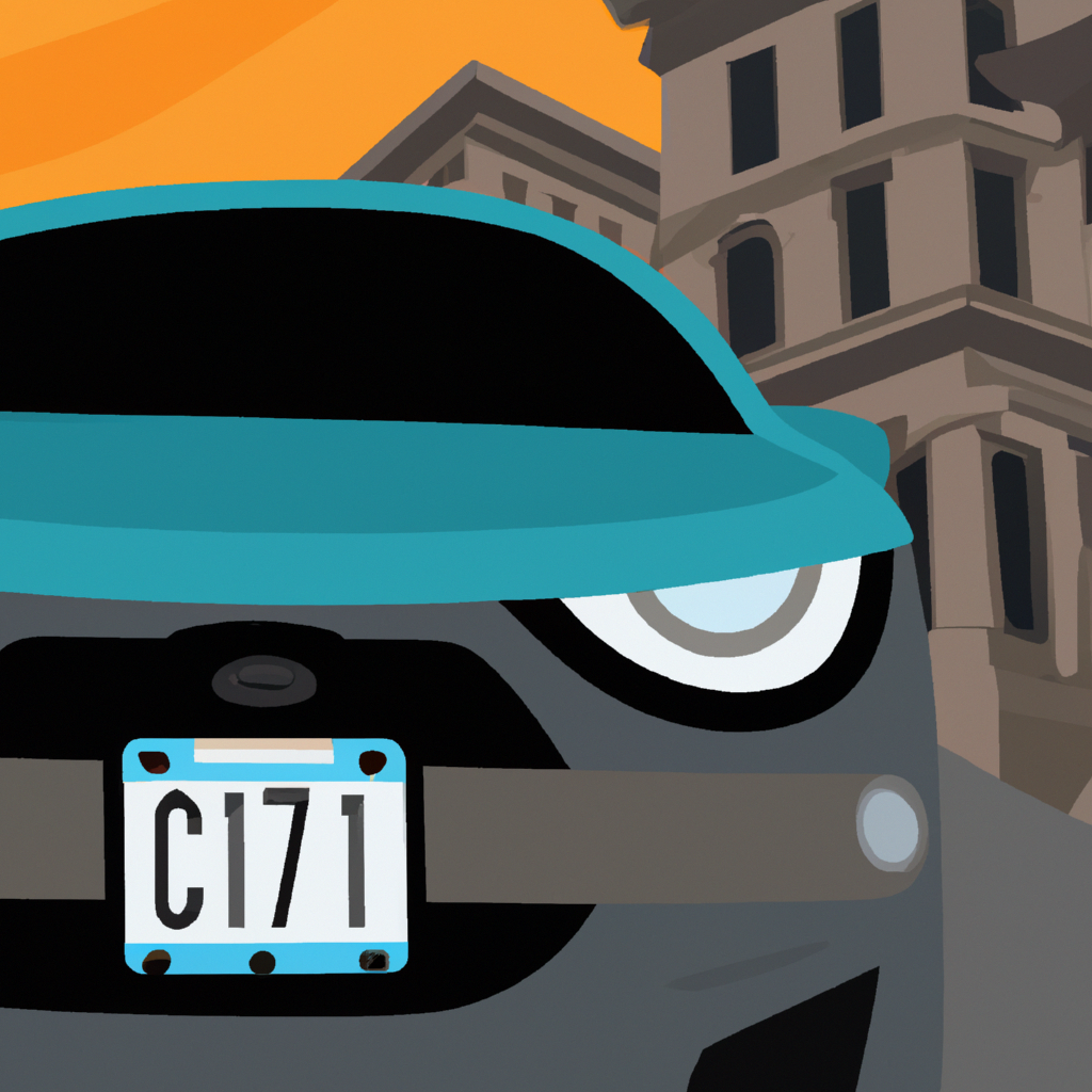 An illustrative depiction of a car equipped with a license plate cover featuring a built-in lens, dramatically highlighting the legal implications and societal effects, with a backdrop of a courtroom on one side and a bustling city street on the other.