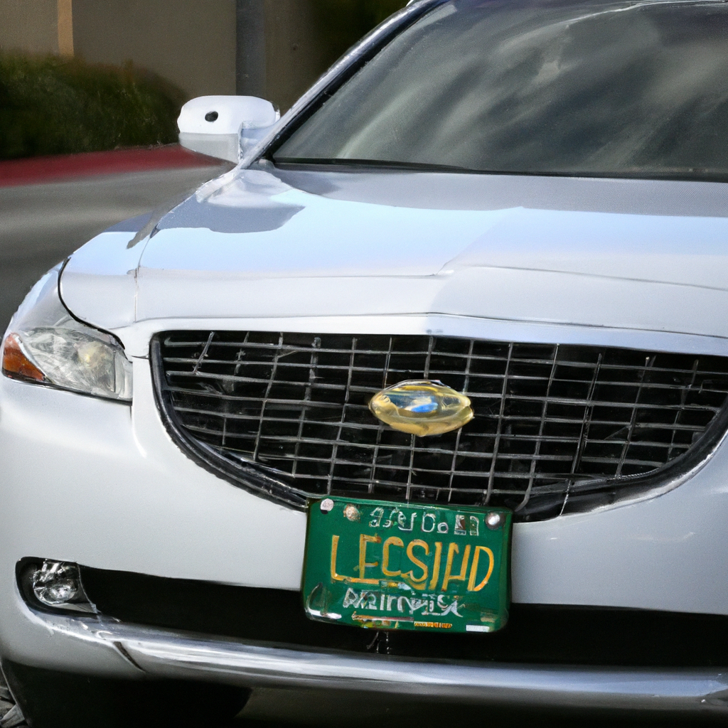 A futuristic gadget combining a stealthy radar detector and a high-tech license plate cover, mounted on a sleek car, evading a network of traffic cameras on a bustling city street at twilight.