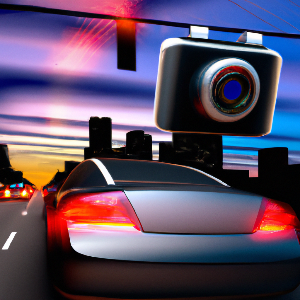 An artistic rendering of a car equipped with the latest clear license plate cover featuring a high-tech lens, maneuvering through the city traffic with traffic cameras flashing in the background, under a dusk sky.