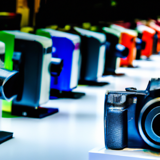 An ultra-modern, sleek digital camera with an innovative 'Camera Stopper' feature highlighted, standing out against a vibrant market background full of older camera models, showcasing its superiority in technology.