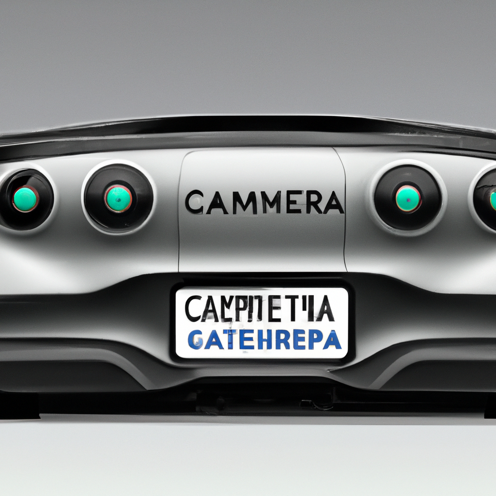 An illustration of a sleek, futuristic car equipped with innovative, transparent license plate covers featuring distorter lenses, deflecting prying eyes and cameras, with the logo 'Camera Stopper' subtly embedded on the bottom right.