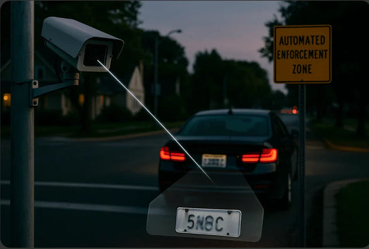 Traffic intersection with speed and red-light cameras capturing vehicles from above during sunset — illustrating the rise of automated traffic enforcement systems.webp